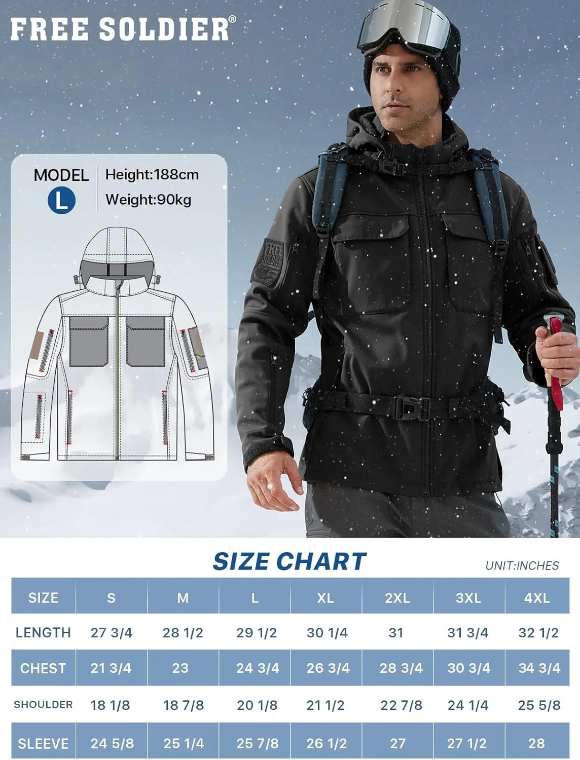 FREE SOLDIER Men's Waterproof Softshell Jacket Thick Fleece Lined Outdoor Jacket Tactical Military Hoodie Windbreaker