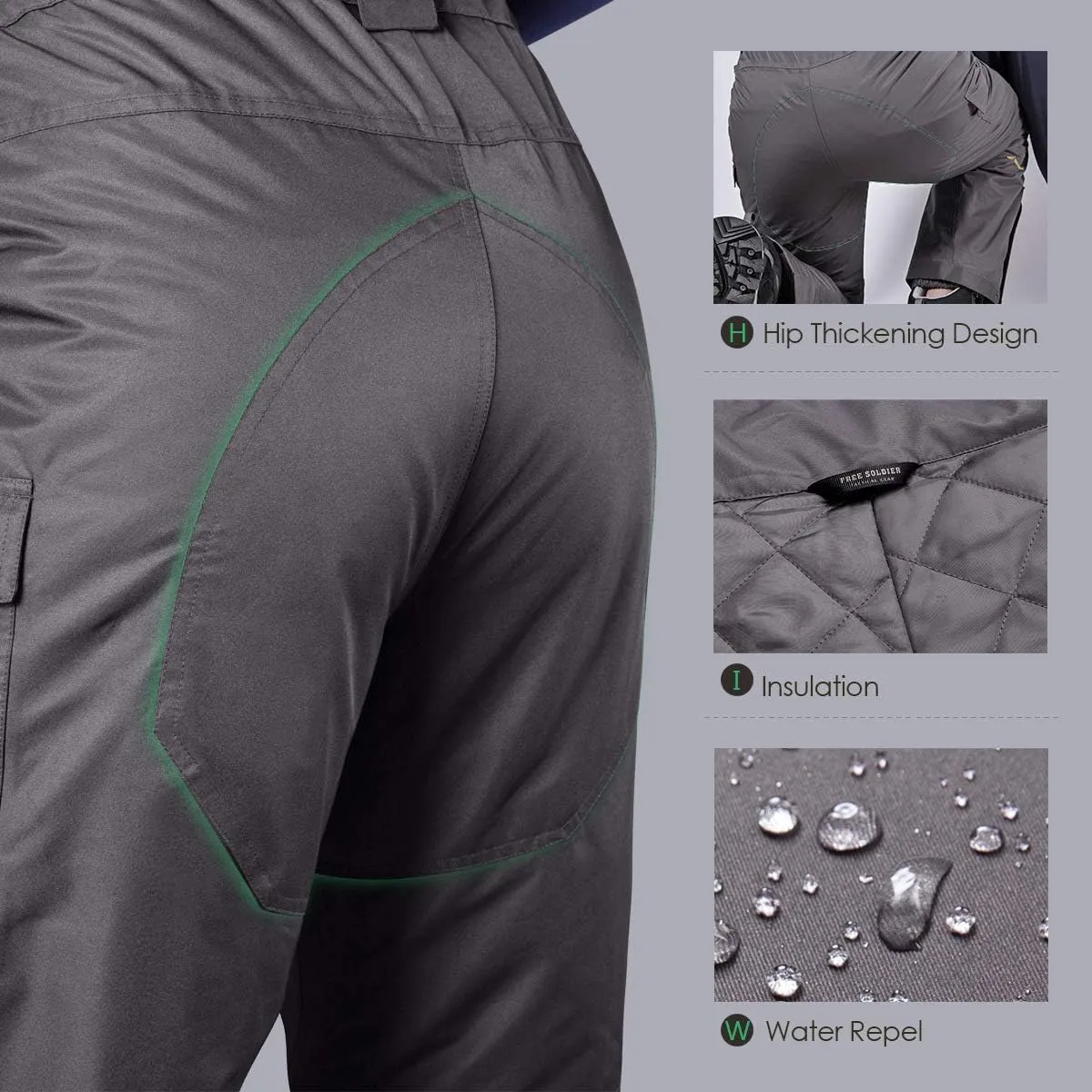 FREE SOLDIER Men's Waterproof Warm Snowboard Insulated Pants Winter Ski Snow Pants