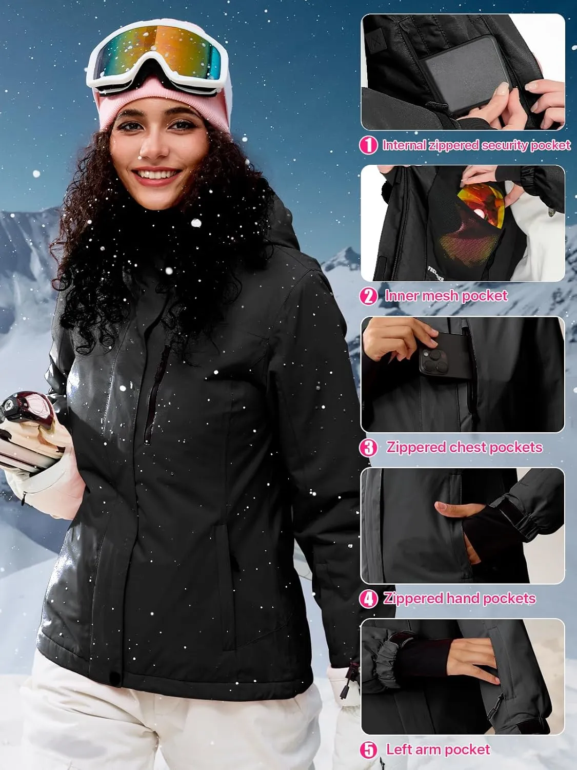 FREE SOLDIER Women's Waterproof Ski Snow Jacket Fleece Lined Warm Winter Rain Jacket with Hood Fully Taped Seams