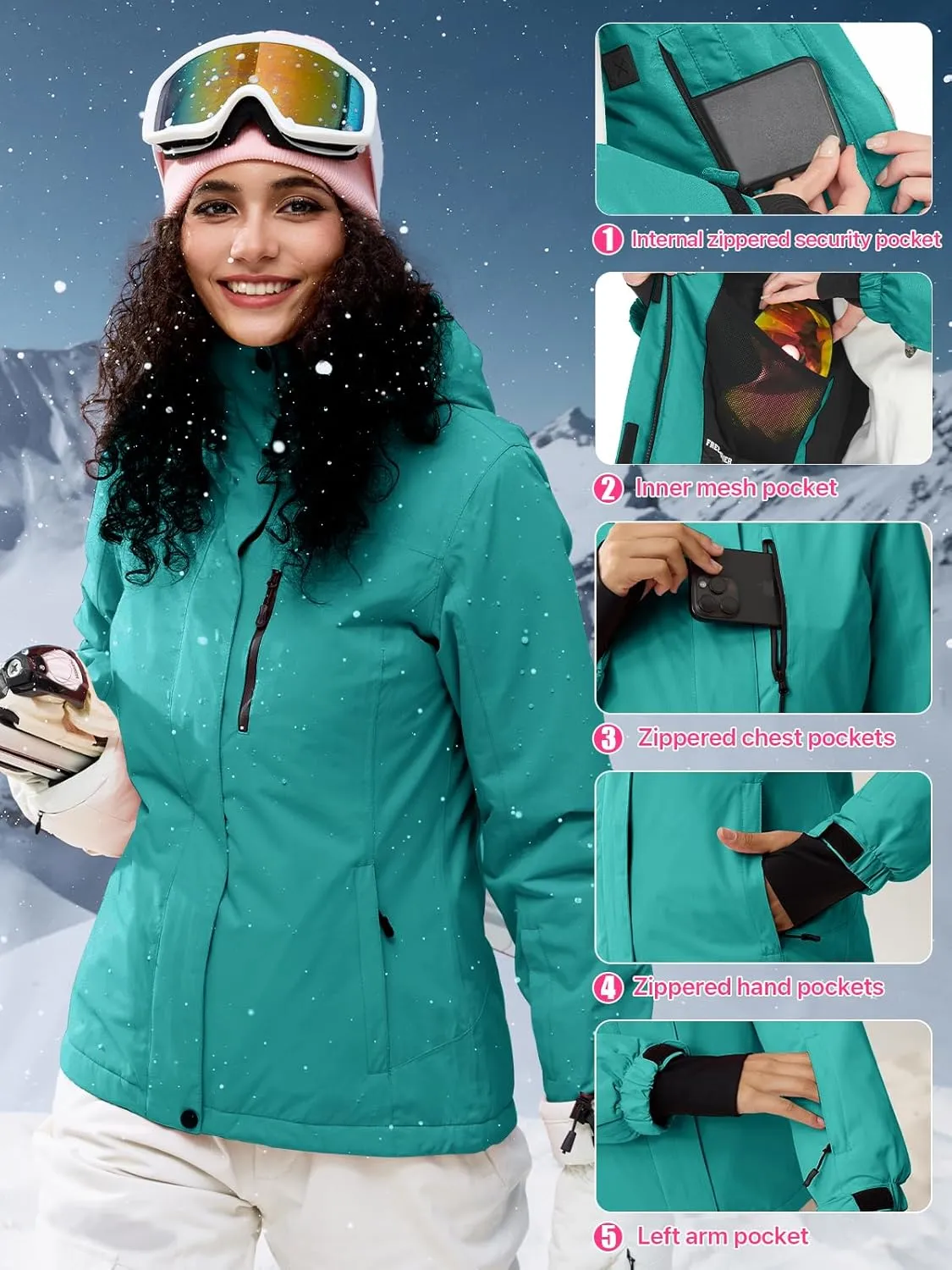 FREE SOLDIER Women's Waterproof Ski Snow Jacket Fleece Lined Warm Winter Rain Jacket with Hood Fully Taped Seams