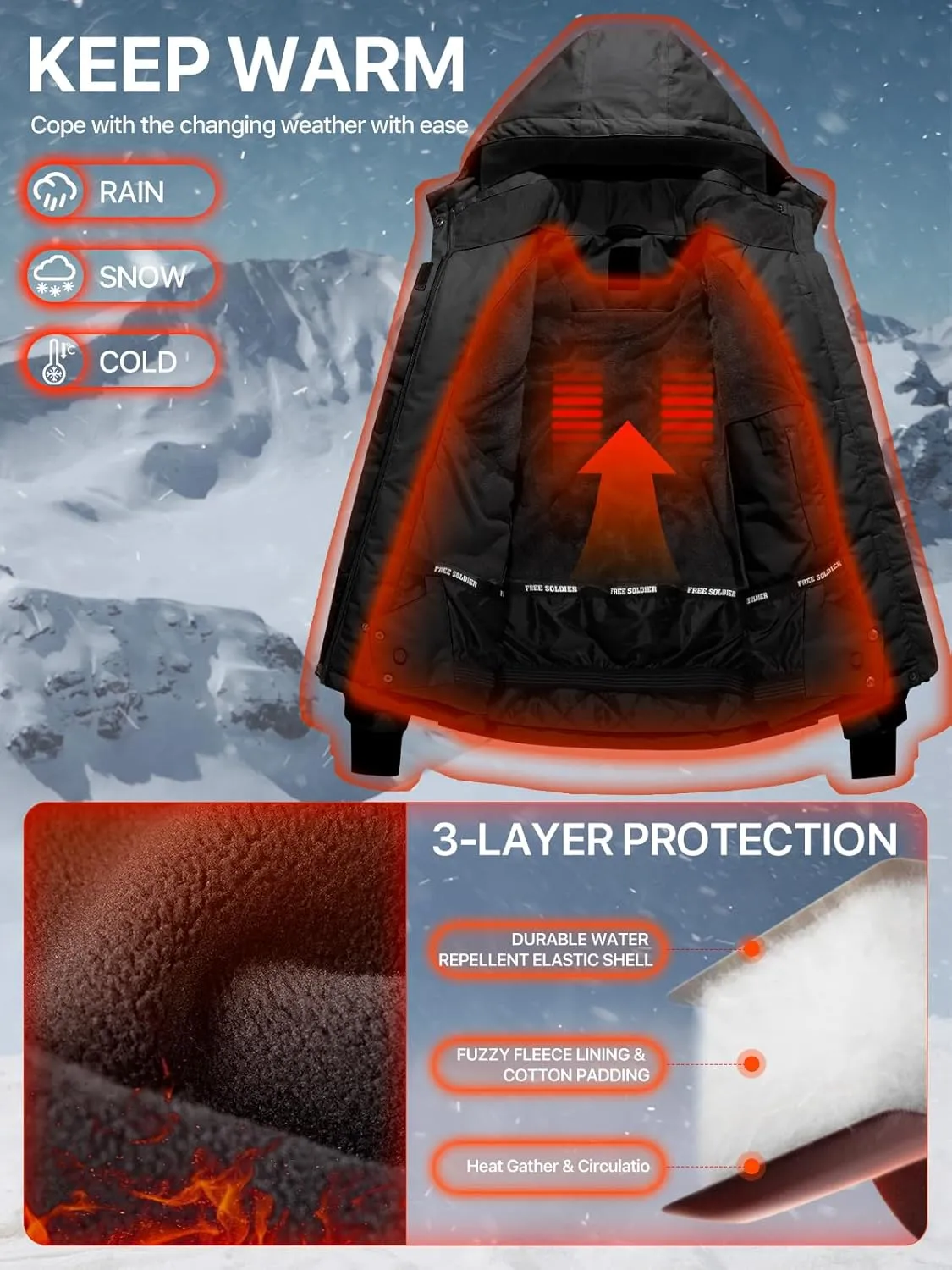 FREE SOLDIER Women's Waterproof Ski Snow Jacket Fleece Lined Warm Winter Rain Jacket with Hood Fully Taped Seams
