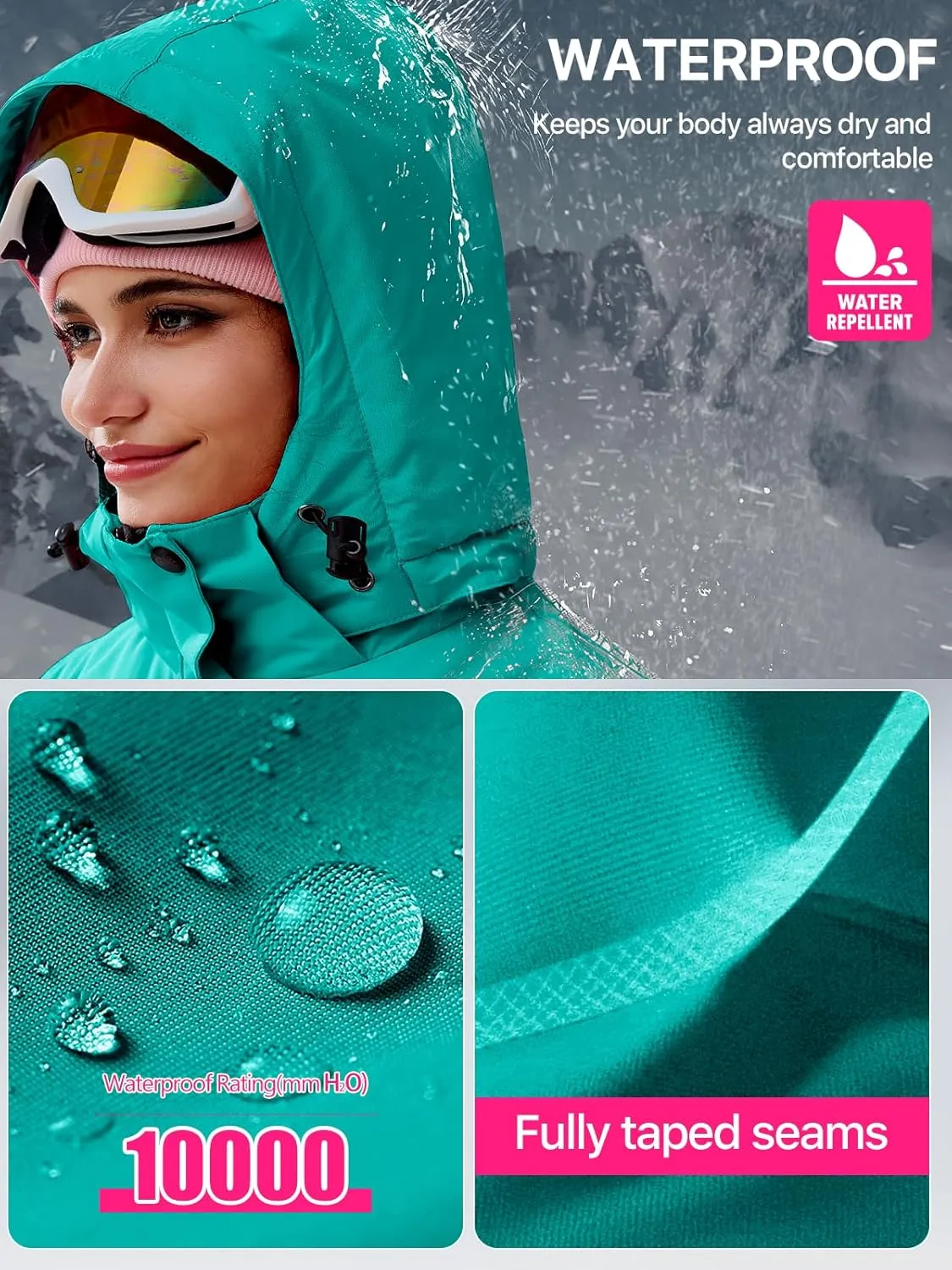 FREE SOLDIER Women's Waterproof Ski Snow Jacket Fleece Lined Warm Winter Rain Jacket with Hood Fully Taped Seams