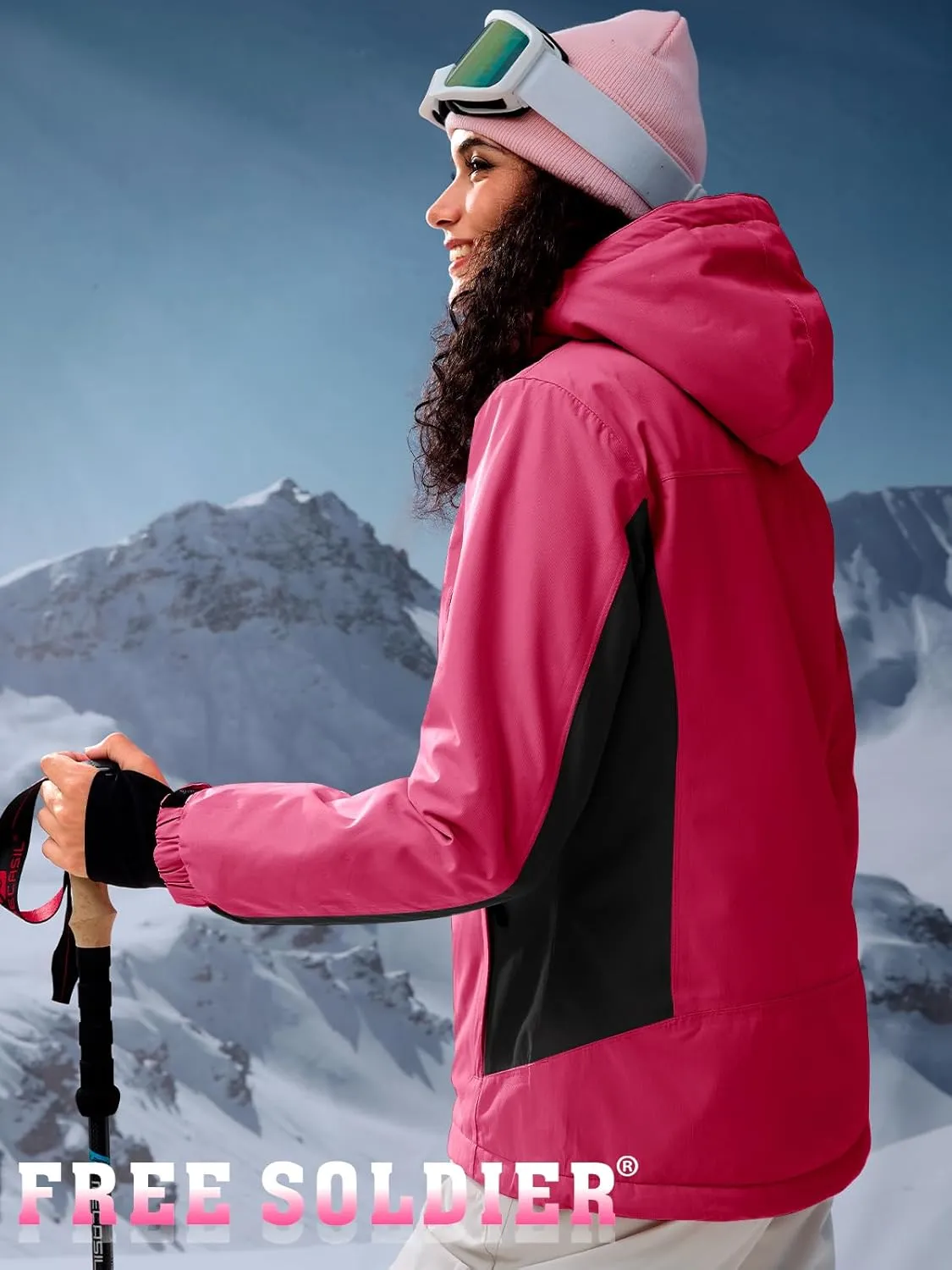 FREE SOLDIER Women's Waterproof Ski Snow Jacket Fleece Lined Warm Winter Rain Jacket with Hood Fully Taped Seams