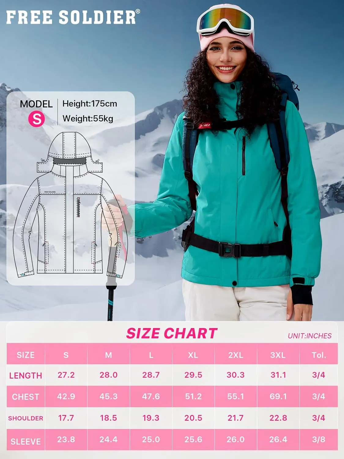 FREE SOLDIER Women's Waterproof Ski Snow Jacket Fleece Lined Warm Winter Rain Jacket with Hood Fully Taped Seams