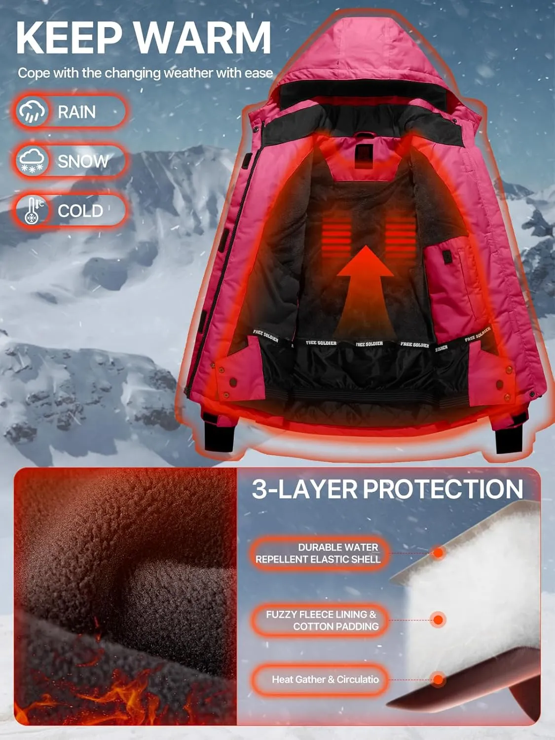 FREE SOLDIER Women's Waterproof Ski Snow Jacket Fleece Lined Warm Winter Rain Jacket with Hood Fully Taped Seams