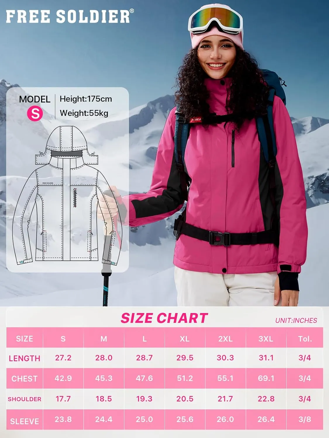 FREE SOLDIER Women's Waterproof Ski Snow Jacket Fleece Lined Warm Winter Rain Jacket with Hood Fully Taped Seams