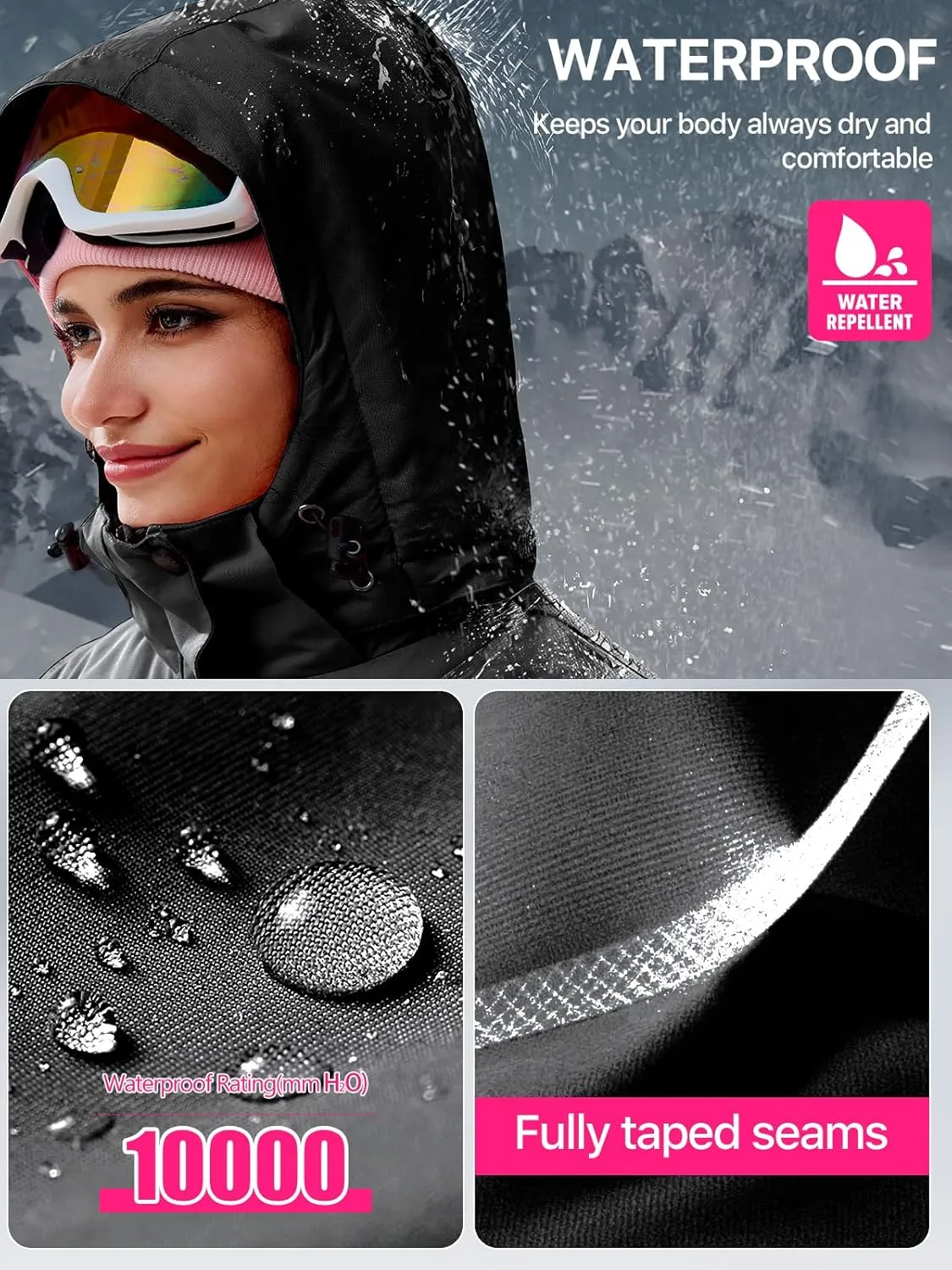 FREE SOLDIER Women's Waterproof Ski Snow Jacket Fleece Lined Warm Winter Rain Jacket with Hood Fully Taped Seams