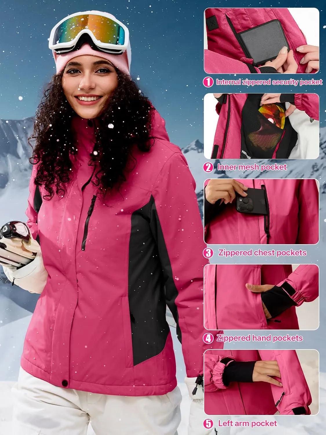 FREE SOLDIER Women's Waterproof Ski Snow Jacket Fleece Lined Warm Winter Rain Jacket with Hood Fully Taped Seams