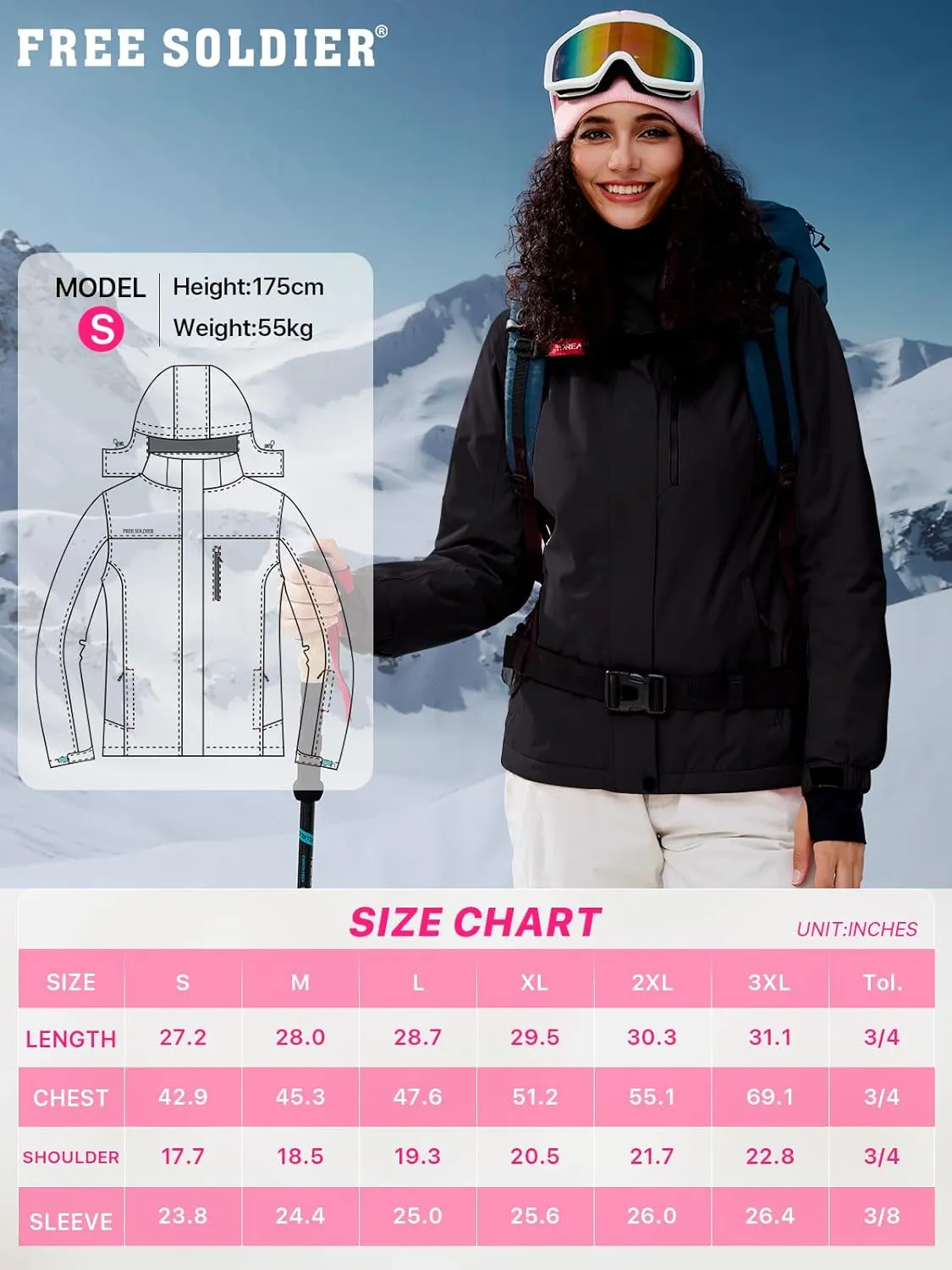 FREE SOLDIER Women's Waterproof Ski Snow Jacket Fleece Lined Warm Winter Rain Jacket with Hood Fully Taped Seams