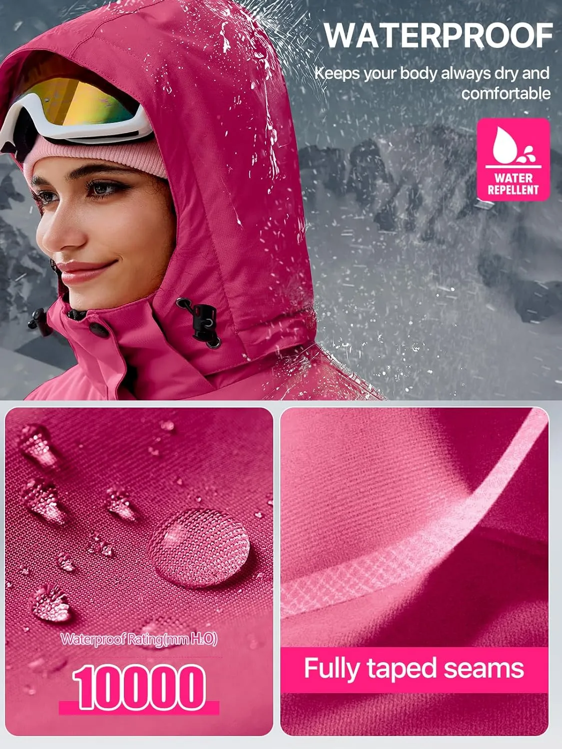 FREE SOLDIER Women's Waterproof Ski Snow Jacket Fleece Lined Warm Winter Rain Jacket with Hood Fully Taped Seams