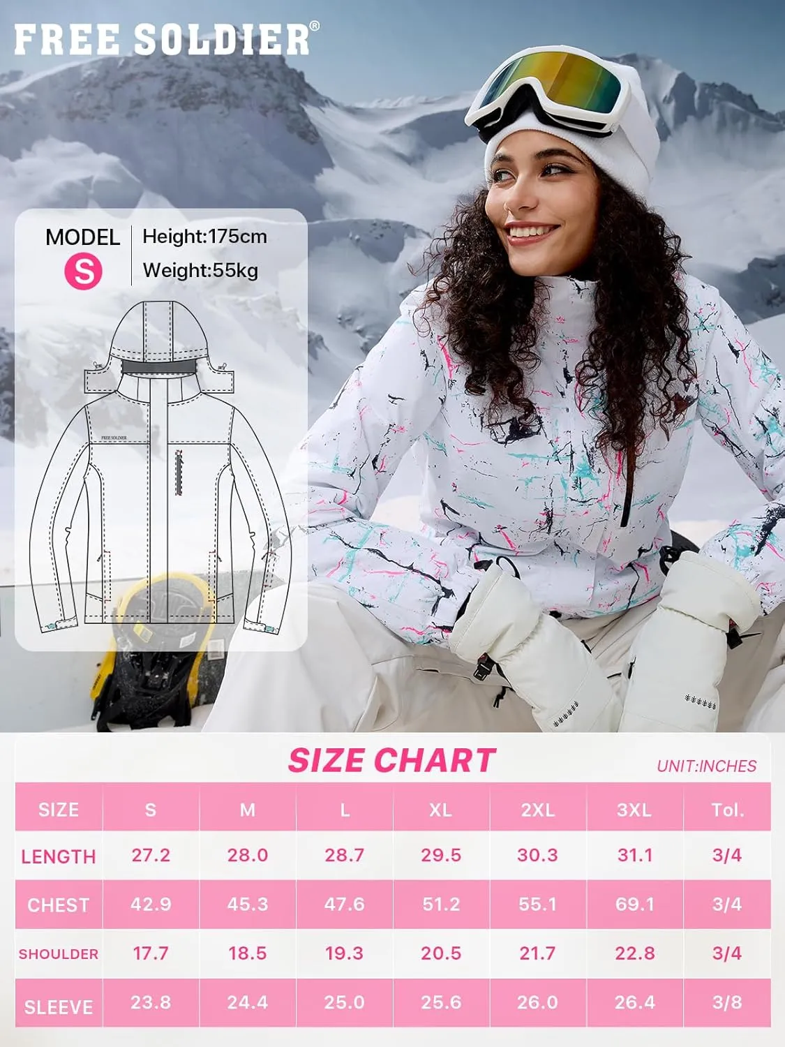 FREE SOLDIER Women's Waterproof Ski Snow Jacket Fleece Lined Warm Winter Rain Jacket with Hood Fully Taped Seams