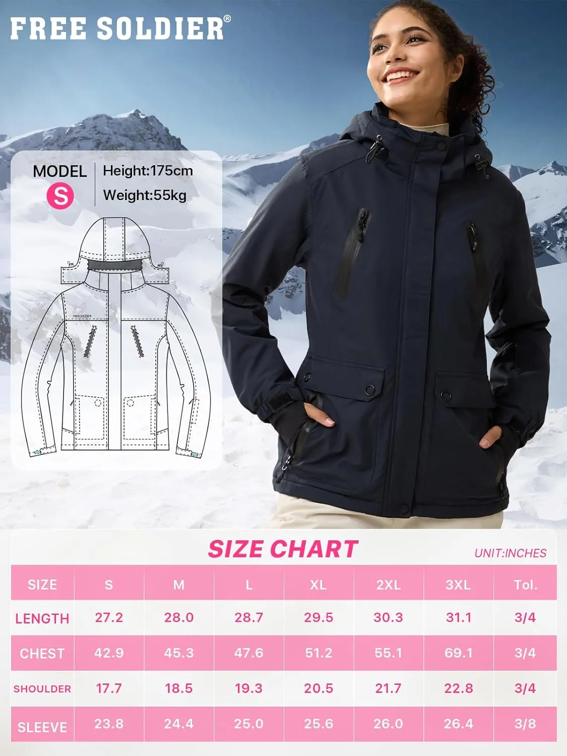 FREE SOLDIER Women's Waterproof Ski Snow Jacket Warm Fleece Lined Winter Rain Jacket with Hood Fully Taped Seams
