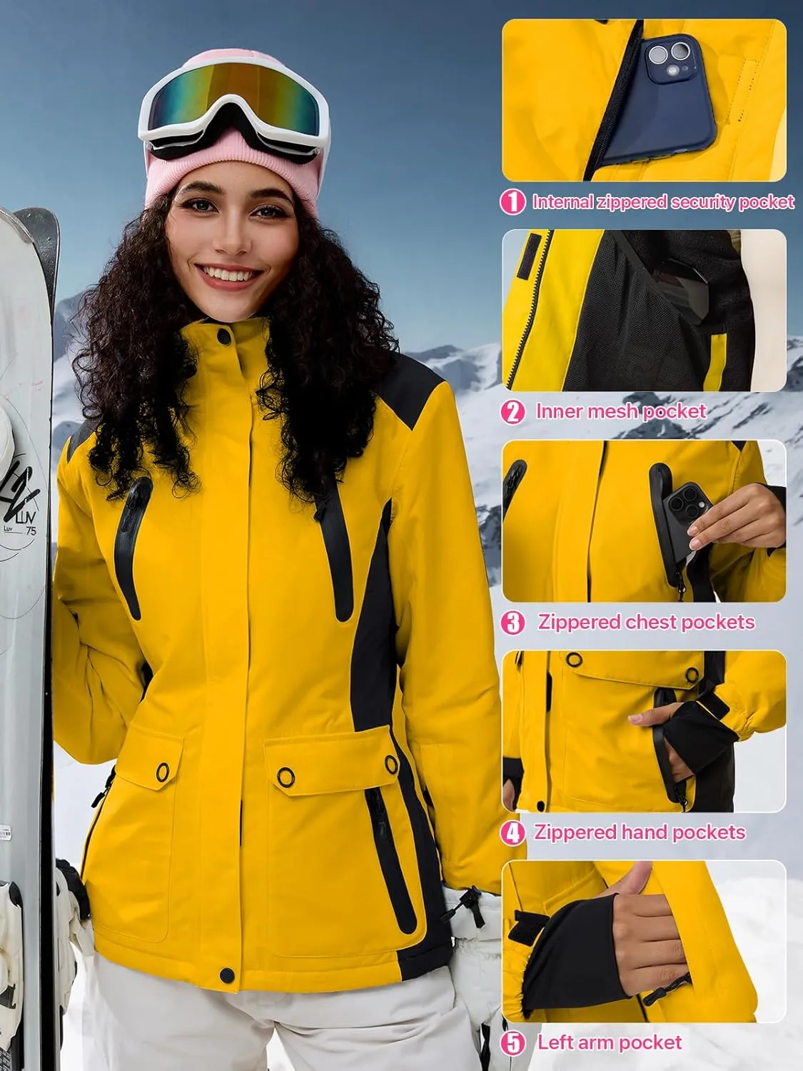 FREE SOLDIER Women's Waterproof Ski Snow Jacket Warm Fleece Lined Winter Rain Jacket with Hood Fully Taped Seams