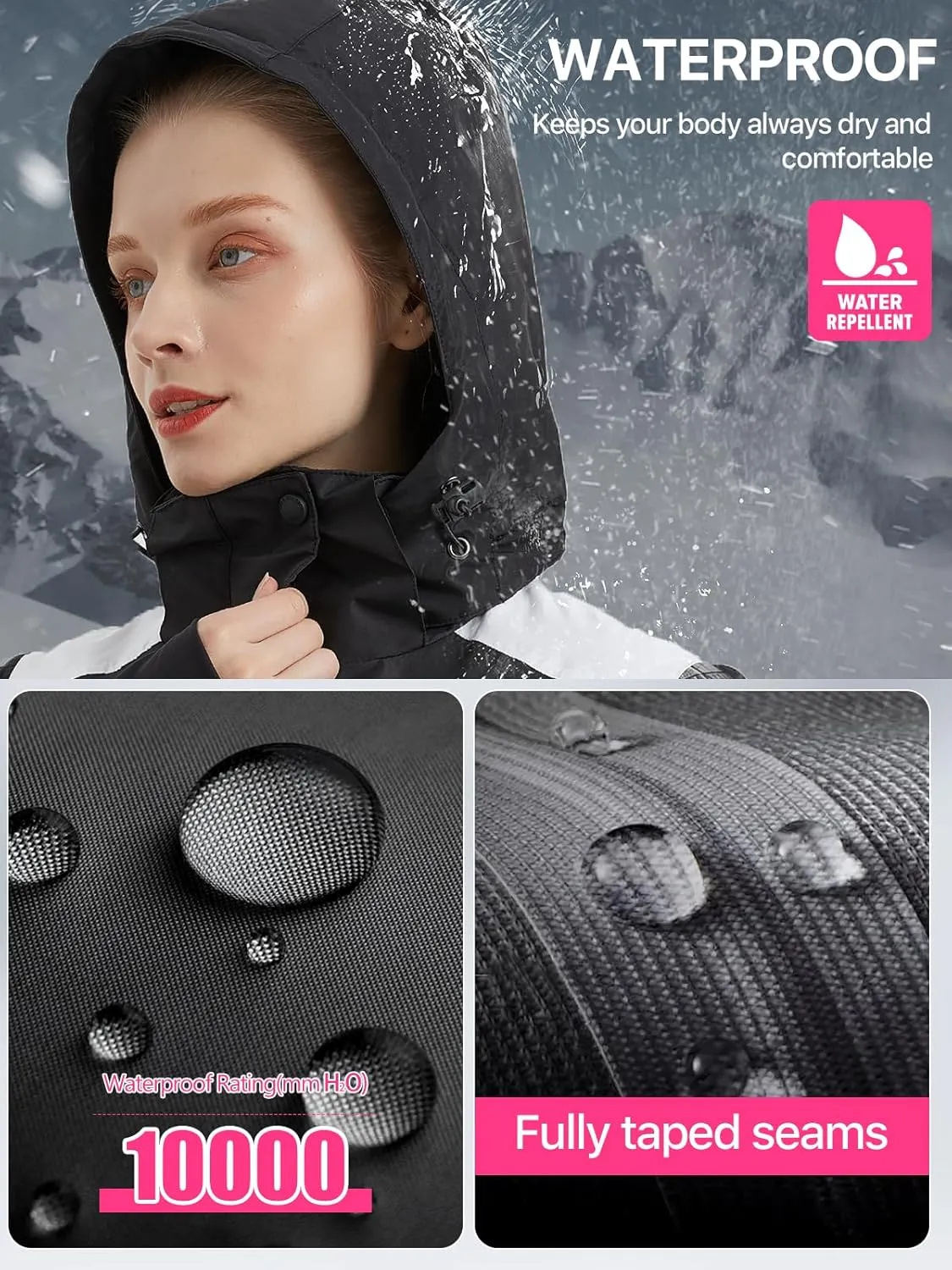FREE SOLDIER Women's Waterproof Ski Snow Jacket Warm Fleece Lined Winter Rain Jacket with Hood Fully Taped Seams