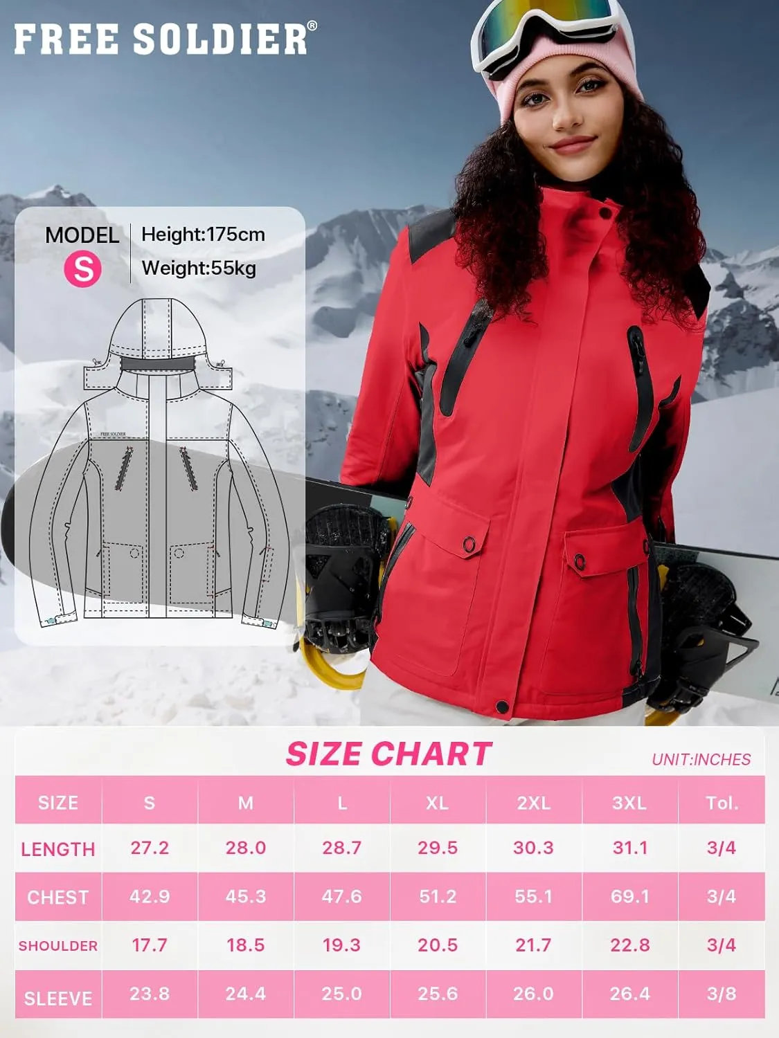 FREE SOLDIER Women's Waterproof Ski Snow Jacket Warm Fleece Lined Winter Rain Jacket with Hood Fully Taped Seams