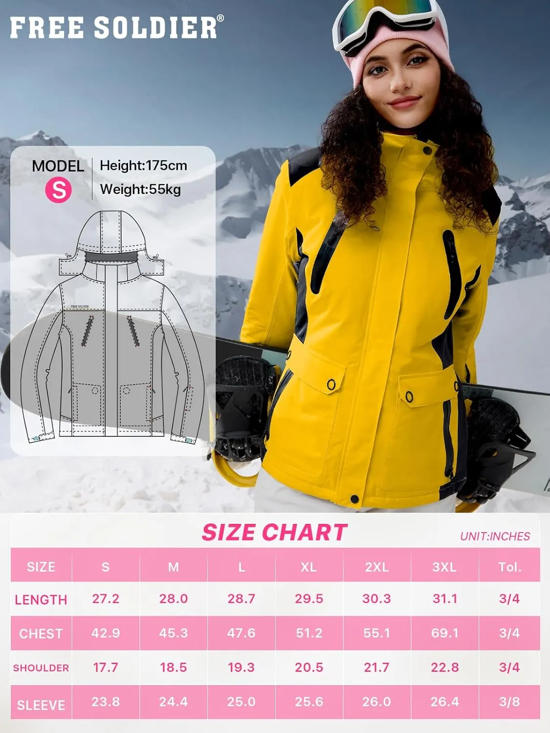 FREE SOLDIER Women's Waterproof Ski Snow Jacket Warm Fleece Lined Winter Rain Jacket with Hood Fully Taped Seams