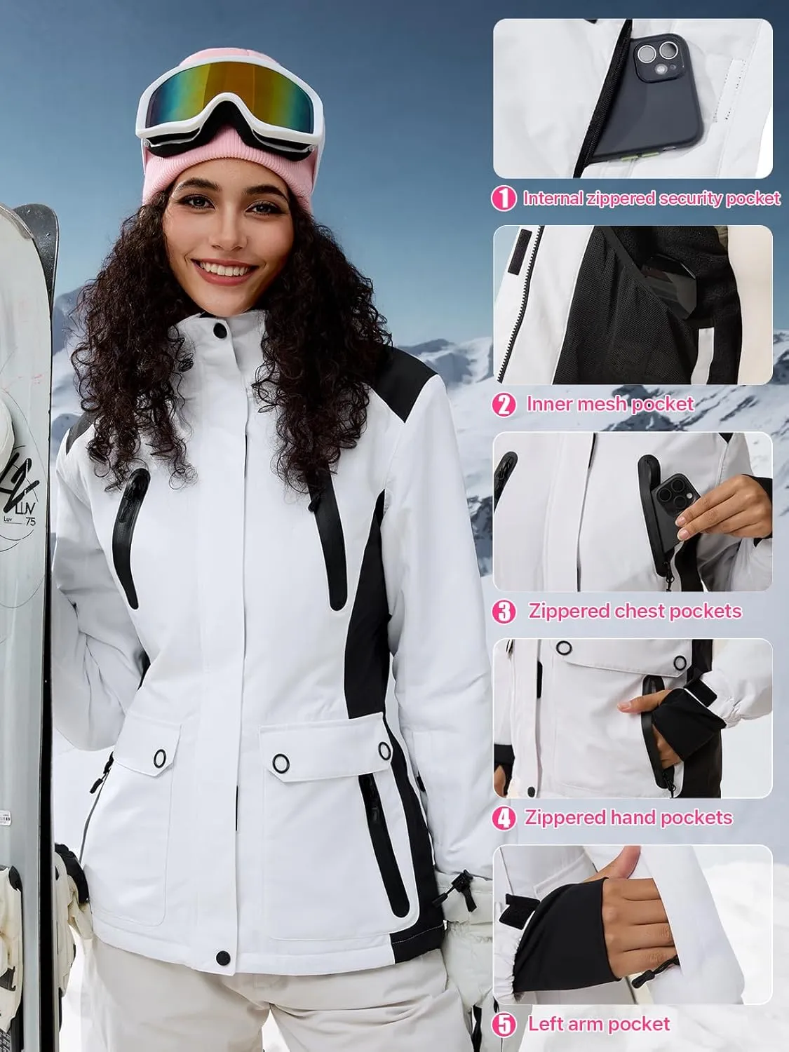 FREE SOLDIER Women's Waterproof Ski Snow Jacket Warm Fleece Lined Winter Rain Jacket with Hood Fully Taped Seams