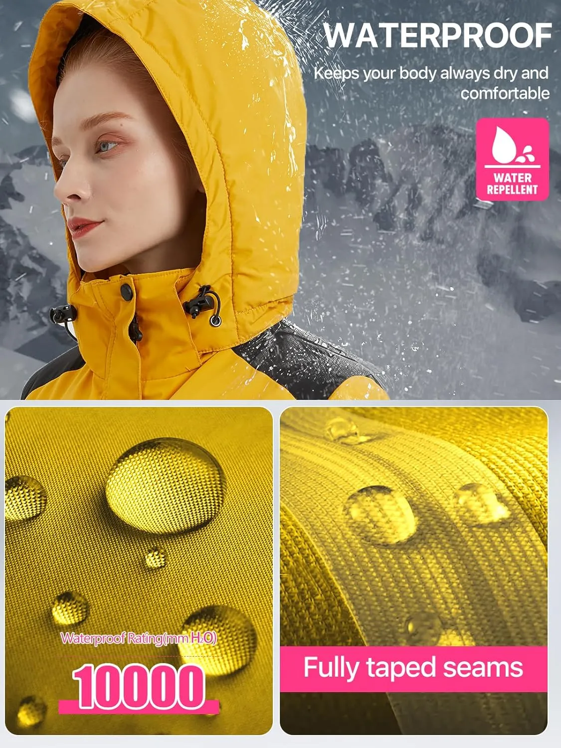 FREE SOLDIER Women's Waterproof Ski Snow Jacket Warm Fleece Lined Winter Rain Jacket with Hood Fully Taped Seams