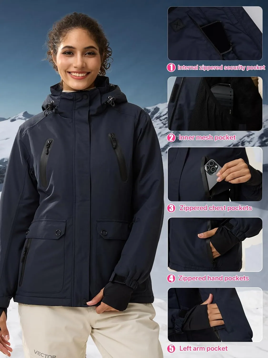 FREE SOLDIER Women's Waterproof Ski Snow Jacket Warm Fleece Lined Winter Rain Jacket with Hood Fully Taped Seams