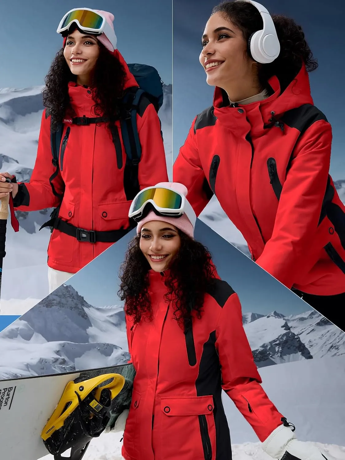 FREE SOLDIER Women's Waterproof Ski Snow Jacket Warm Fleece Lined Winter Rain Jacket with Hood Fully Taped Seams