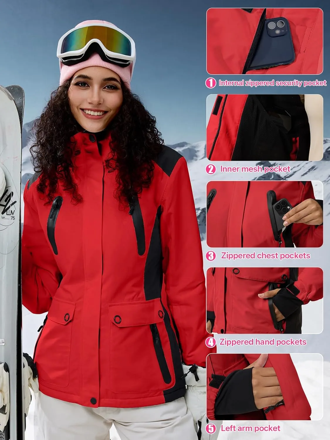 FREE SOLDIER Women's Waterproof Ski Snow Jacket Warm Fleece Lined Winter Rain Jacket with Hood Fully Taped Seams