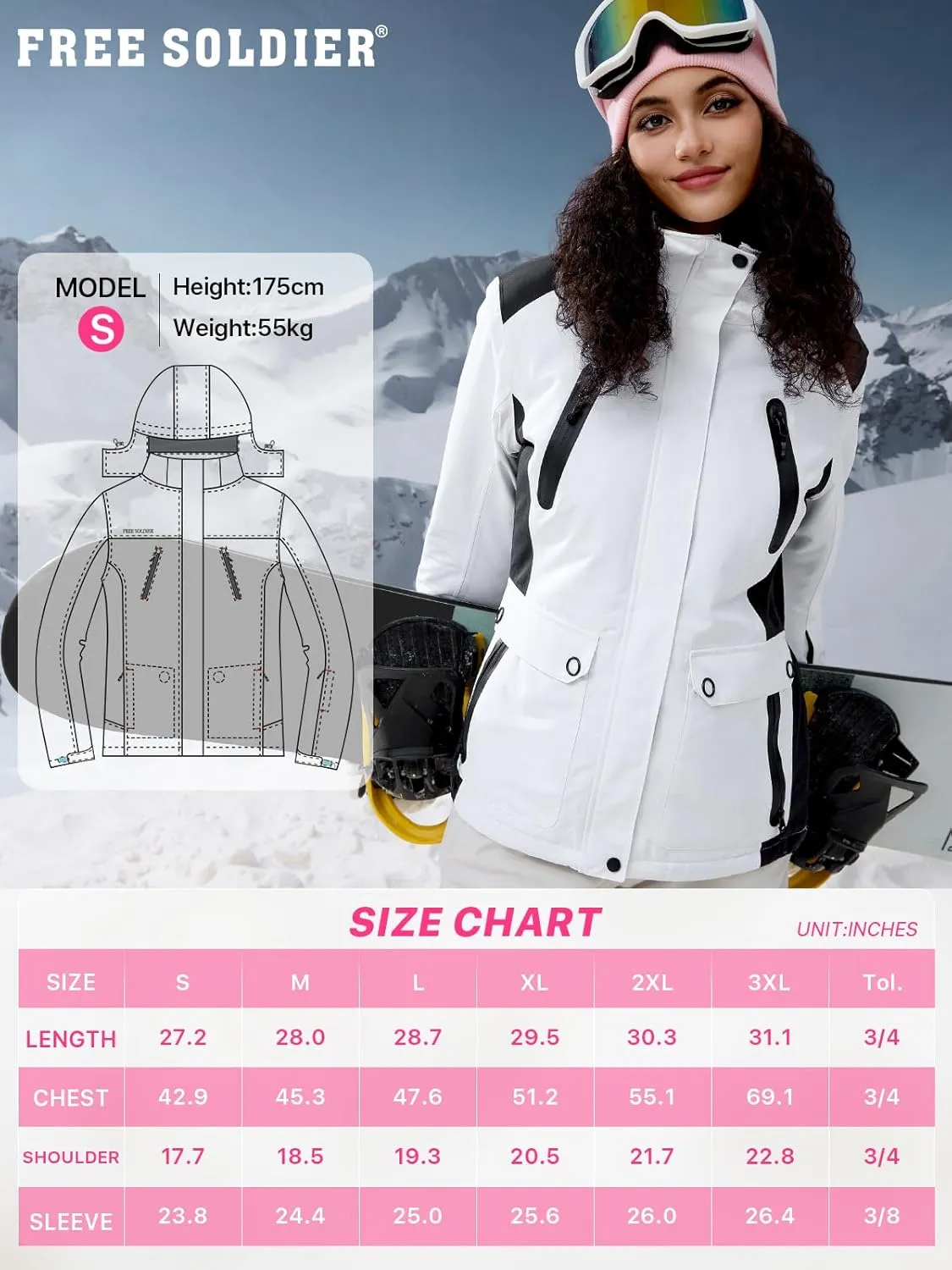 FREE SOLDIER Women's Waterproof Ski Snow Jacket Warm Fleece Lined Winter Rain Jacket with Hood Fully Taped Seams