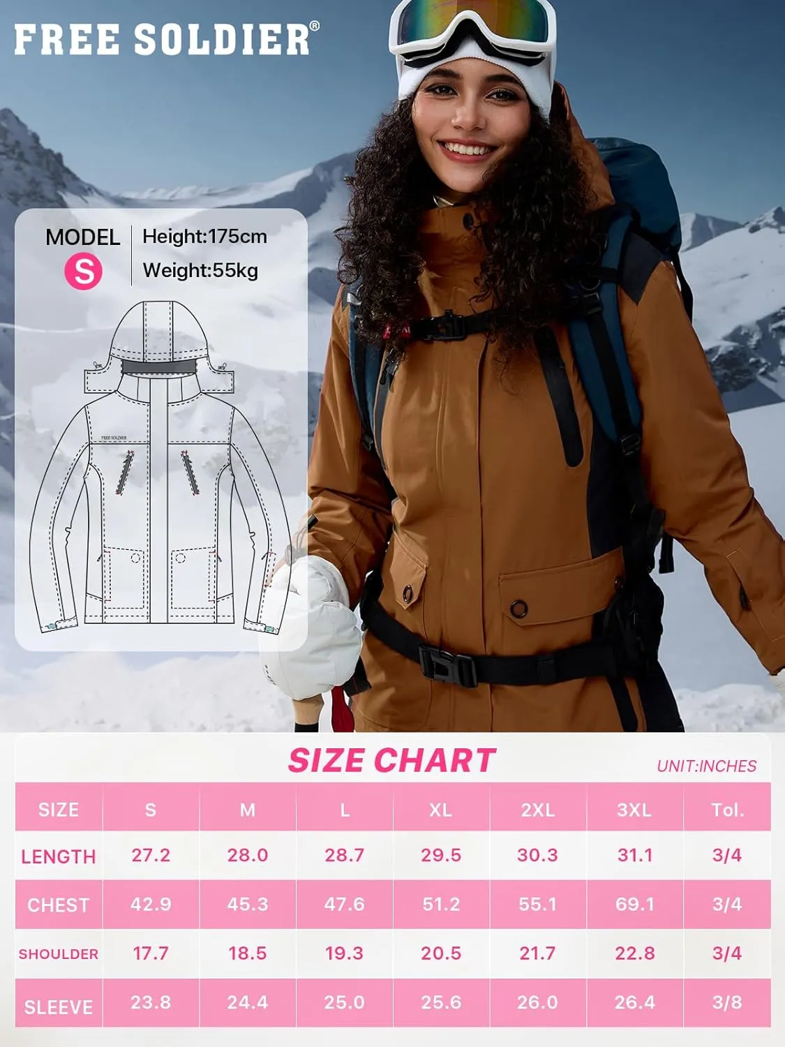 FREE SOLDIER Women's Waterproof Ski Snow Jacket Warm Fleece Lined Winter Rain Jacket with Hood Fully Taped Seams