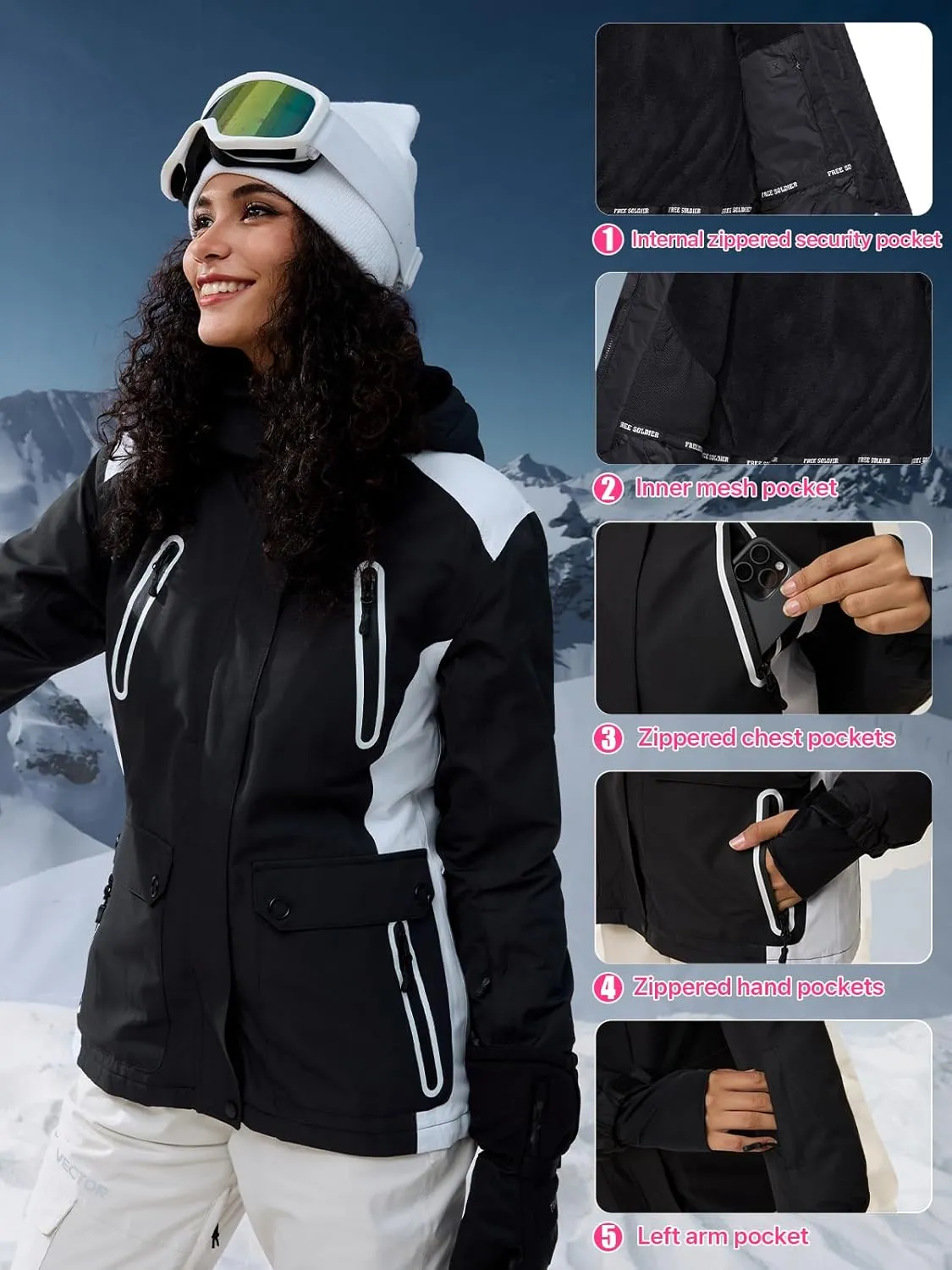 FREE SOLDIER Women's Waterproof Ski Snow Jacket Warm Fleece Lined Winter Rain Jacket with Hood Fully Taped Seams