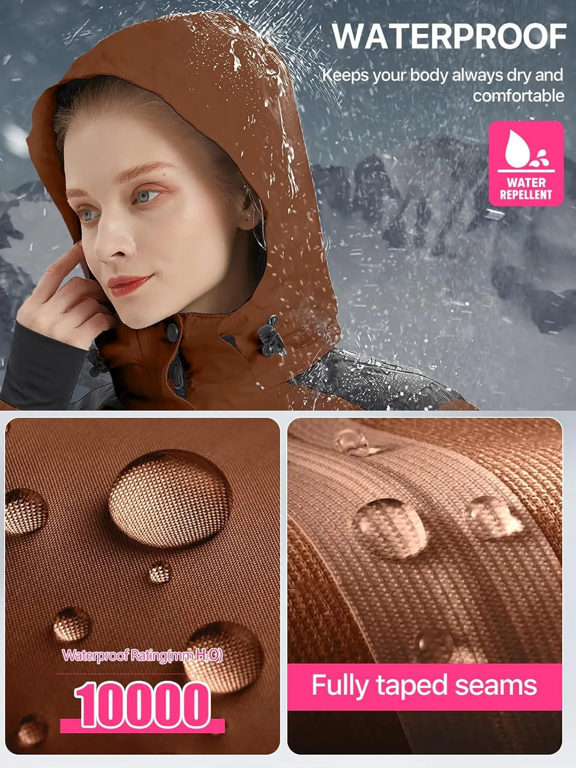 FREE SOLDIER Women's Waterproof Ski Snow Jacket Warm Fleece Lined Winter Rain Jacket with Hood Fully Taped Seams