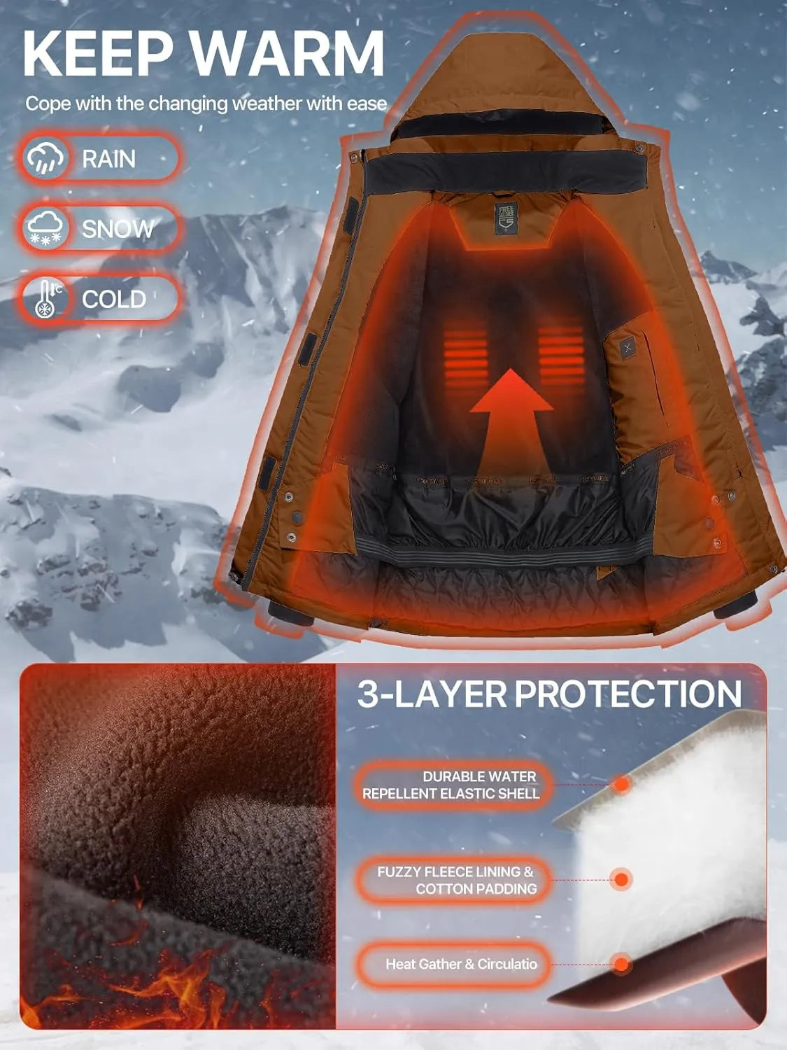 FREE SOLDIER Women's Waterproof Ski Snow Jacket Warm Fleece Lined Winter Rain Jacket with Hood Fully Taped Seams