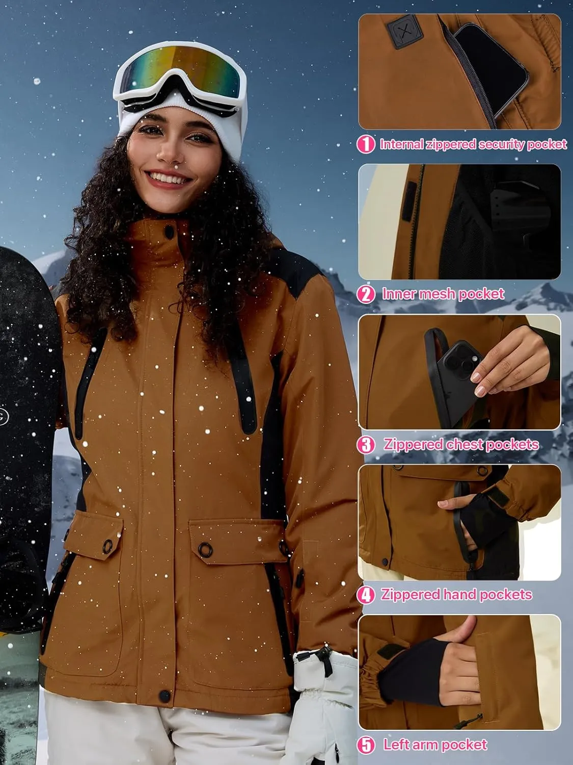 FREE SOLDIER Women's Waterproof Ski Snow Jacket Warm Fleece Lined Winter Rain Jacket with Hood Fully Taped Seams