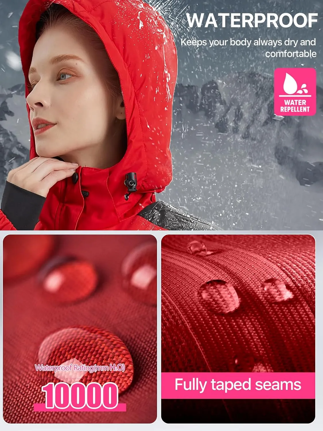 FREE SOLDIER Women's Waterproof Ski Snow Jacket Warm Fleece Lined Winter Rain Jacket with Hood Fully Taped Seams