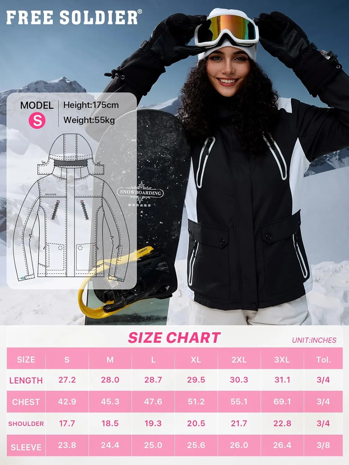 FREE SOLDIER Women's Waterproof Ski Snow Jacket Warm Fleece Lined Winter Rain Jacket with Hood Fully Taped Seams