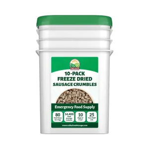 Freeze Dried Sausage Crumbles 10-Bag Bucket, 85 Oz | Premium Emergency Food Supply 25 Year Shelf Life | Prepper Supplies, Survival Food, Off Grid Living Supplies | Valley Food Storage Packaged in USA