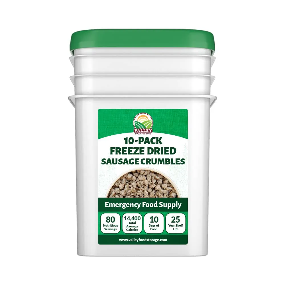 Freeze Dried Sausage Crumbles 10-Bag Bucket, 85 Oz | Premium Emergency Food Supply 25 Year Shelf Life | Prepper Supplies, Survival Food, Off Grid Living Supplies | Valley Food Storage Packaged in USA