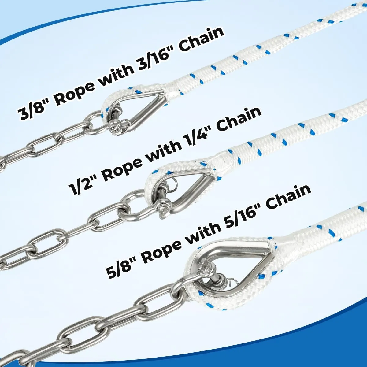 FUCNEN1/2 Boat Anchor Rope 200 FT with 316 Stainless Steel Chain 1/4" x 10 FT, 5/16" Anti-Off Shackles and 1/2" Thimble, Anchor Rode for Mooring, Boats Pontoon, Deck, Fishing, Sail