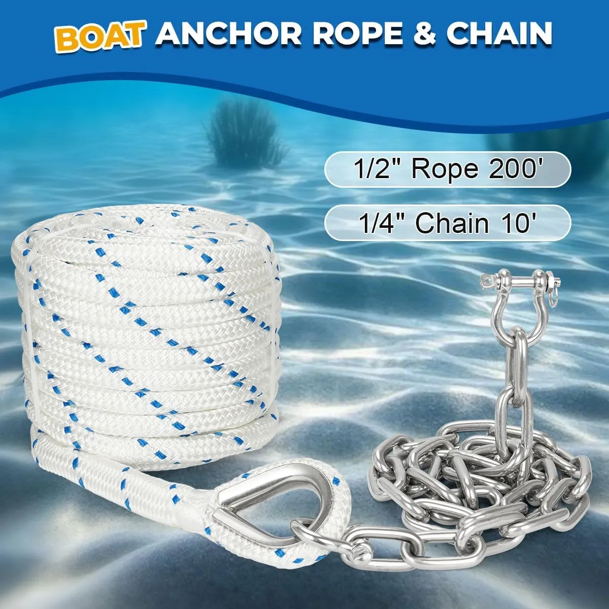 FUCNEN1/2 Boat Anchor Rope 200 FT with 316 Stainless Steel Chain 1/4" x 10 FT, 5/16" Anti-Off Shackles and 1/2" Thimble, Anchor Rode for Mooring, Boats Pontoon, Deck, Fishing, Sail