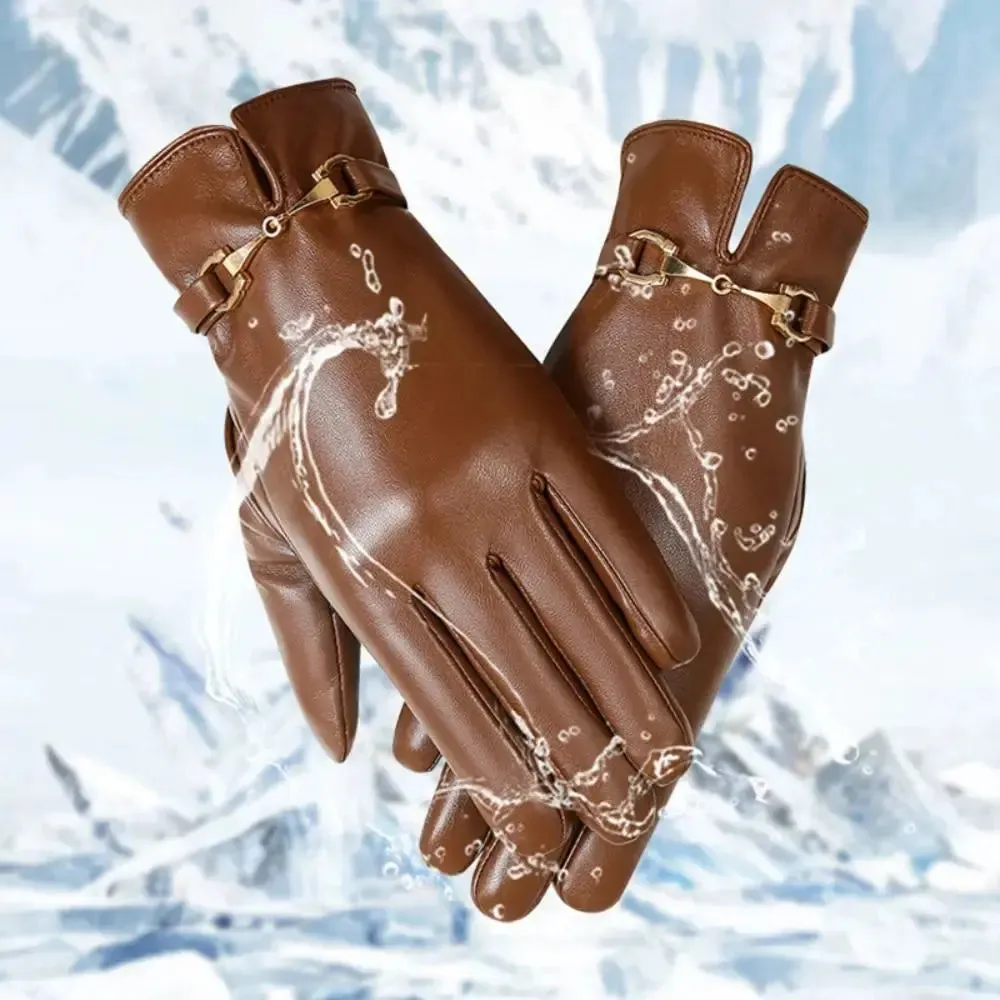 Full Finger PU Leather Gloves Windproof Waterproof Driving Gloves Thicken Winter Warm Touch Screen Gloves Outdoor Sports