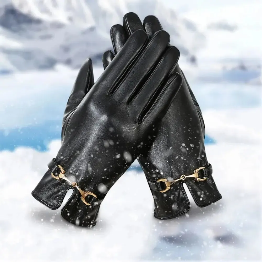 Full Finger PU Leather Gloves Windproof Waterproof Driving Gloves Thicken Winter Warm Touch Screen Gloves Outdoor Sports