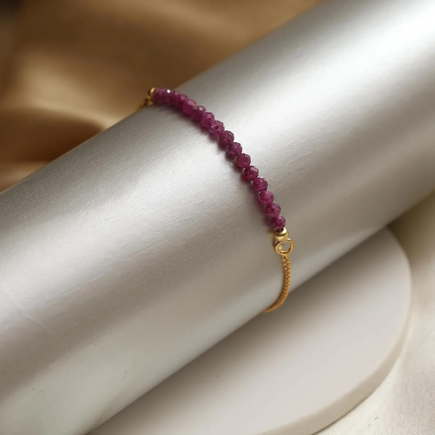 Gempires Natural Ruby Gemstone Beads Bracelets for Women, July Birthstone Bolo Bracelet, 14k Gold Plated Chain (6-9 inch Adjustable Length)