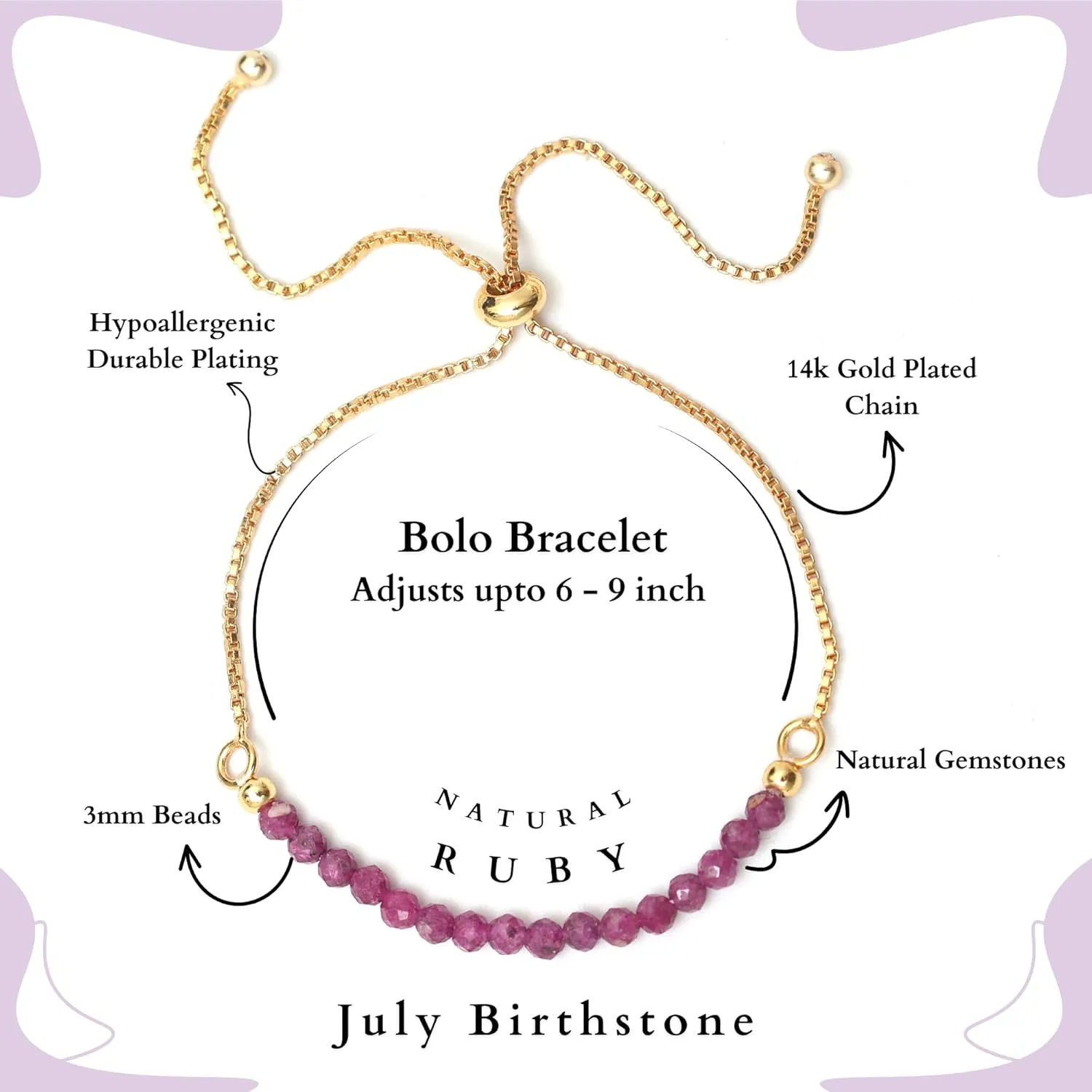 Gempires Natural Ruby Gemstone Beads Bracelets for Women, July Birthstone Bolo Bracelet, 14k Gold Plated Chain (6-9 inch Adjustable Length)
