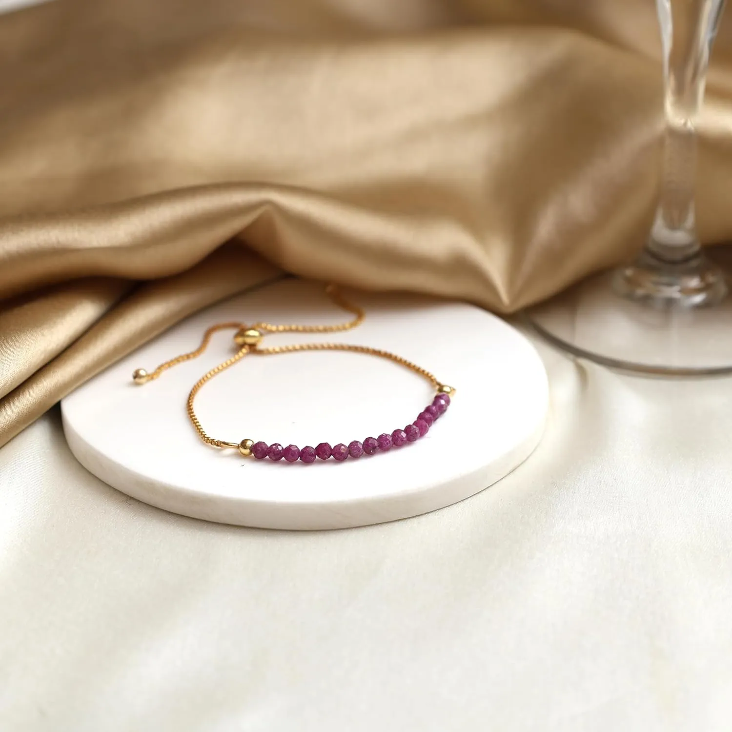 Gempires Natural Ruby Gemstone Beads Bracelets for Women, July Birthstone Bolo Bracelet, 14k Gold Plated Chain (6-9 inch Adjustable Length)