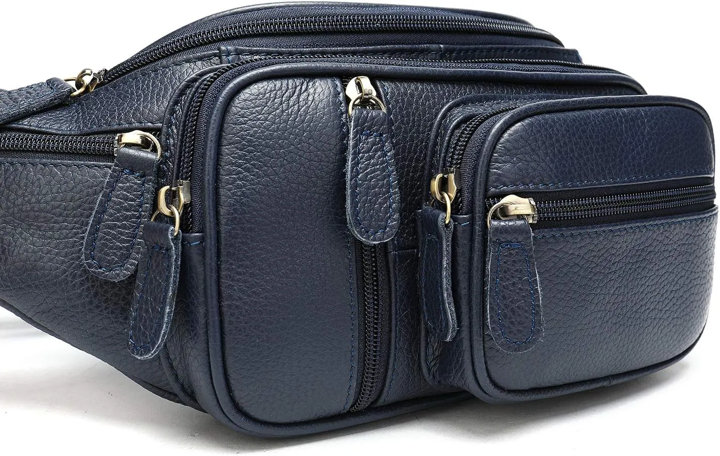 Genuine Leather Large Fanny Pack Waterproof Hip Belt Bag Cowhide Waist Bag Crossbody Sling Backpack Dark Blue