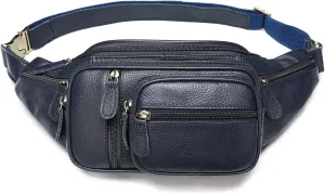Genuine Leather Large Fanny Pack Waterproof Hip Belt Bag Cowhide Waist Bag Crossbody Sling Backpack Dark Blue