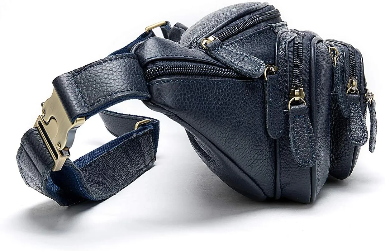 Genuine Leather Large Fanny Pack Waterproof Hip Belt Bag Cowhide Waist Bag Crossbody Sling Backpack Dark Blue