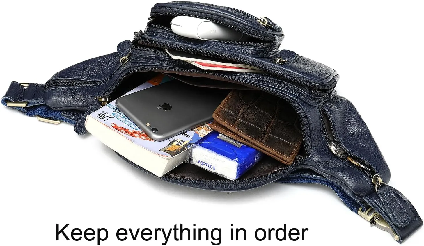 Genuine Leather Large Fanny Pack Waterproof Hip Belt Bag Cowhide Waist Bag Crossbody Sling Backpack Dark Blue