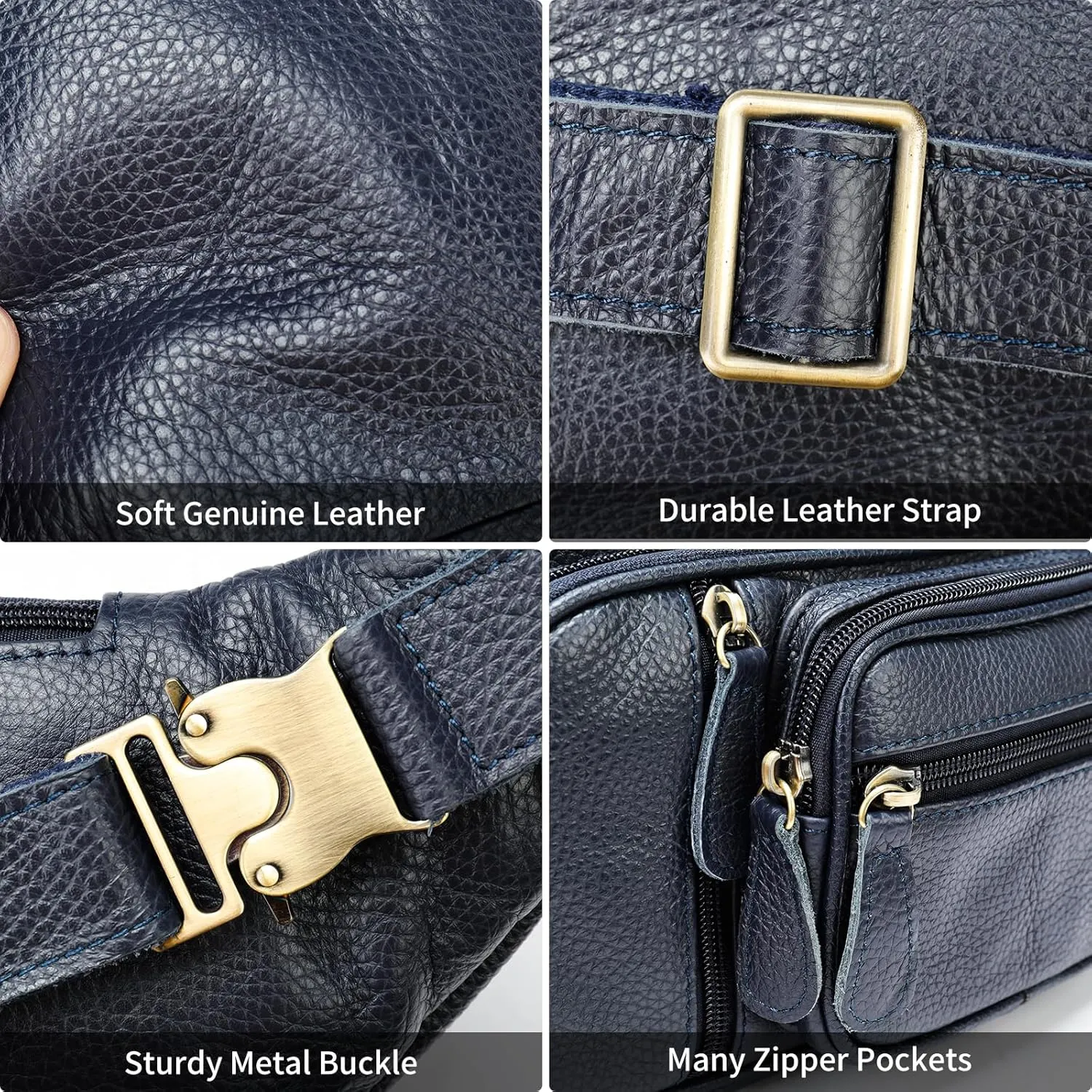 Genuine Leather Large Fanny Pack Waterproof Hip Belt Bag Cowhide Waist Bag Crossbody Sling Backpack Dark Blue