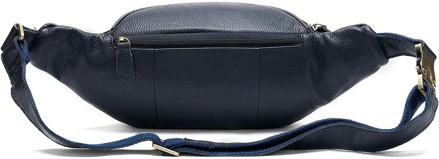 Genuine Leather Large Fanny Pack Waterproof Hip Belt Bag Cowhide Waist Bag Crossbody Sling Backpack Dark Blue