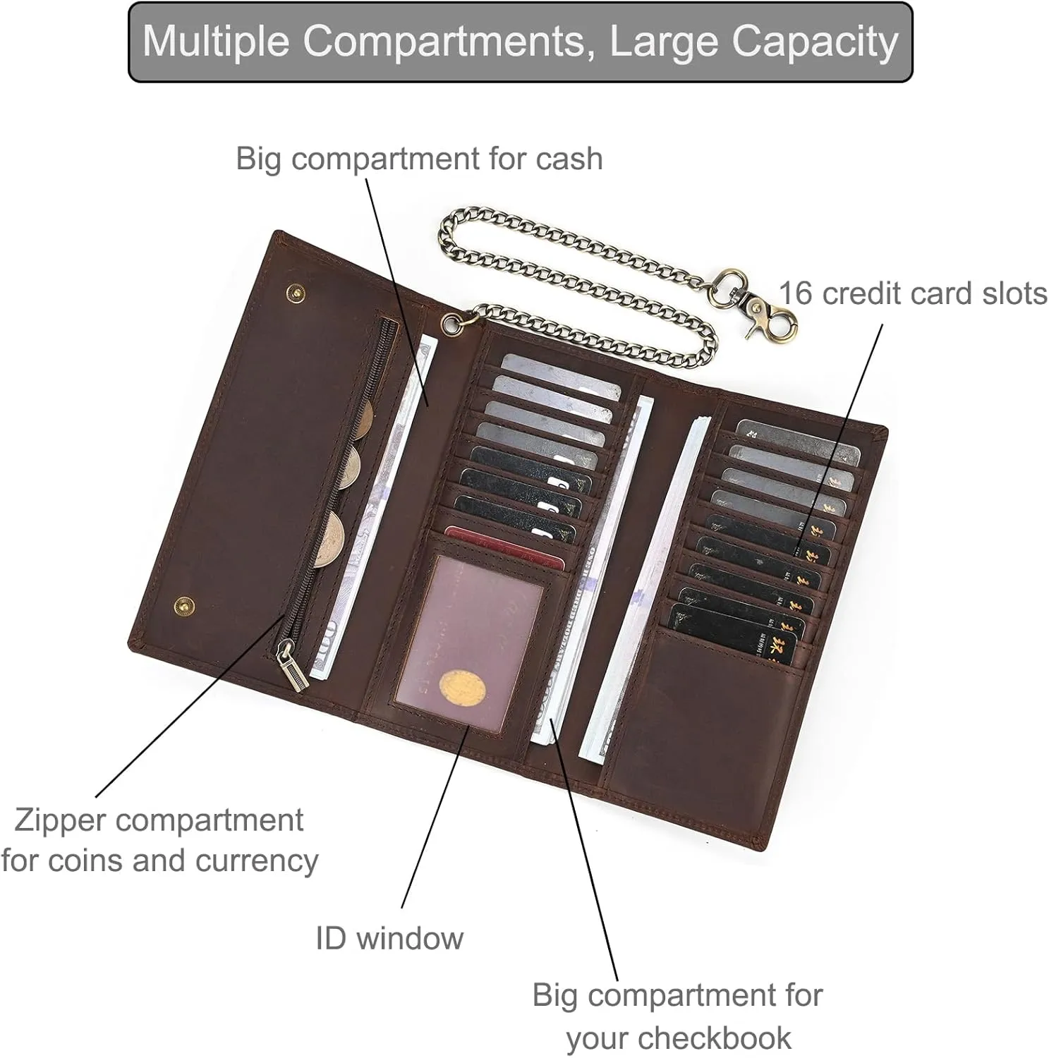 Genuine Leather Long Wallet for Men, Large Capacity Purse Clutch Bag Handbag Checkbook Cash Credit Cards Phone Holder