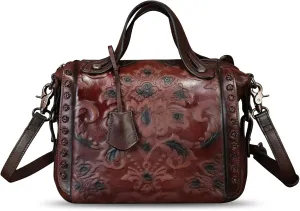 Genuine Leather Purses and Handbags for Women Vintage Embossed Leather Satchel Bags Shoulder Bag Crossbody with Strap